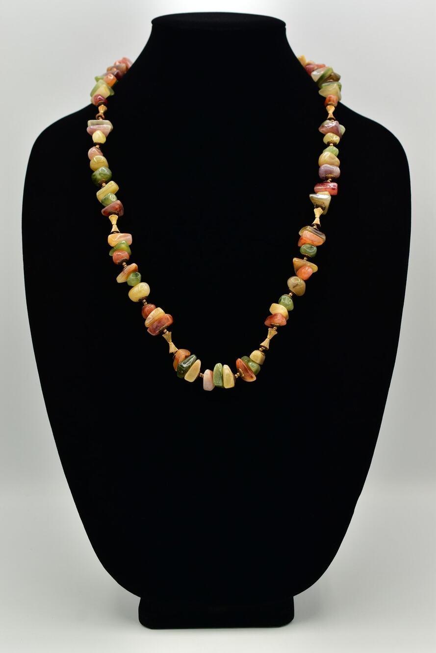 Miriam Haskell Lucite Stone Beaded Necklace Gold Green Orange Signed 1950s BinBN